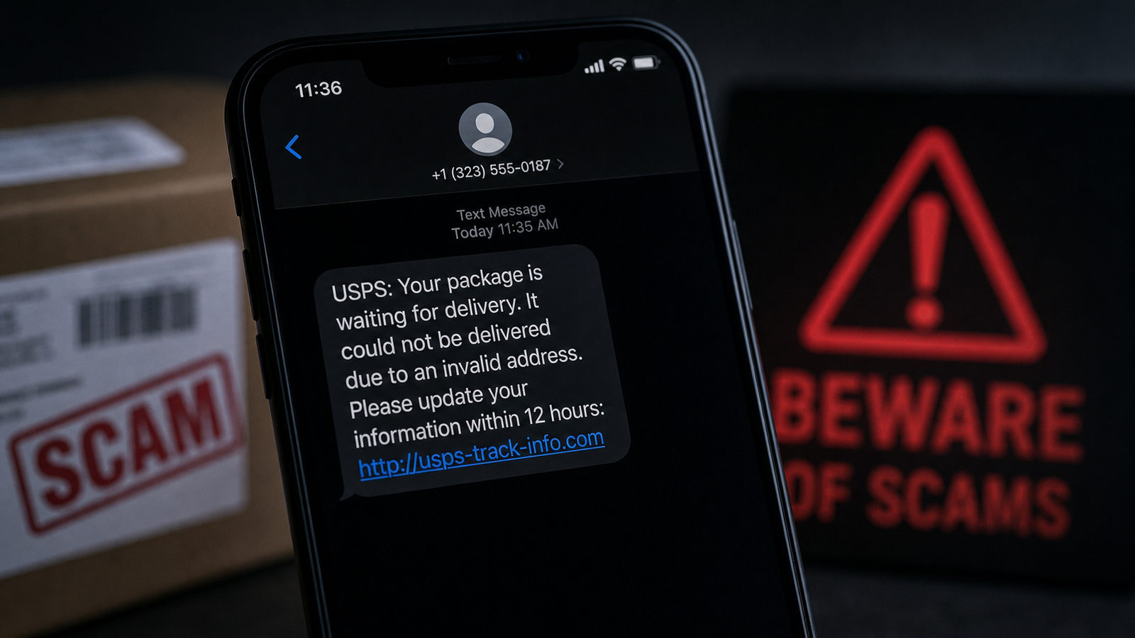 Smartphone showing a suspicious fake package delivery text message – a warning about AI-powered shipping scams