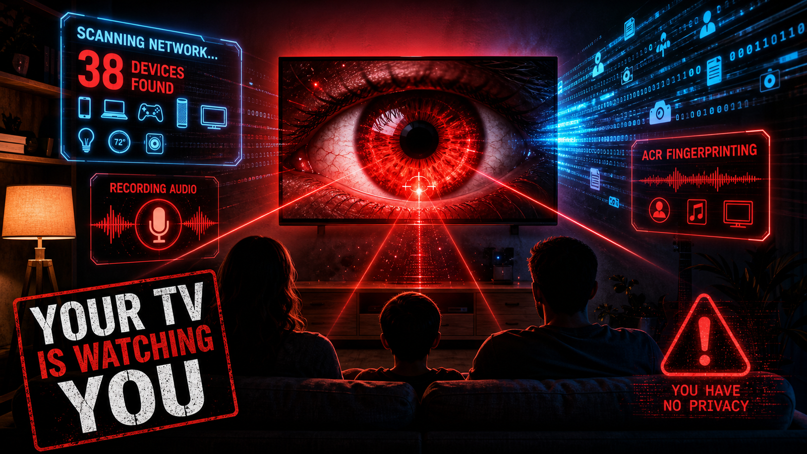 A living room smart TV turned into a giant glowing eye watching a family – a warning about smart TV surveillance
